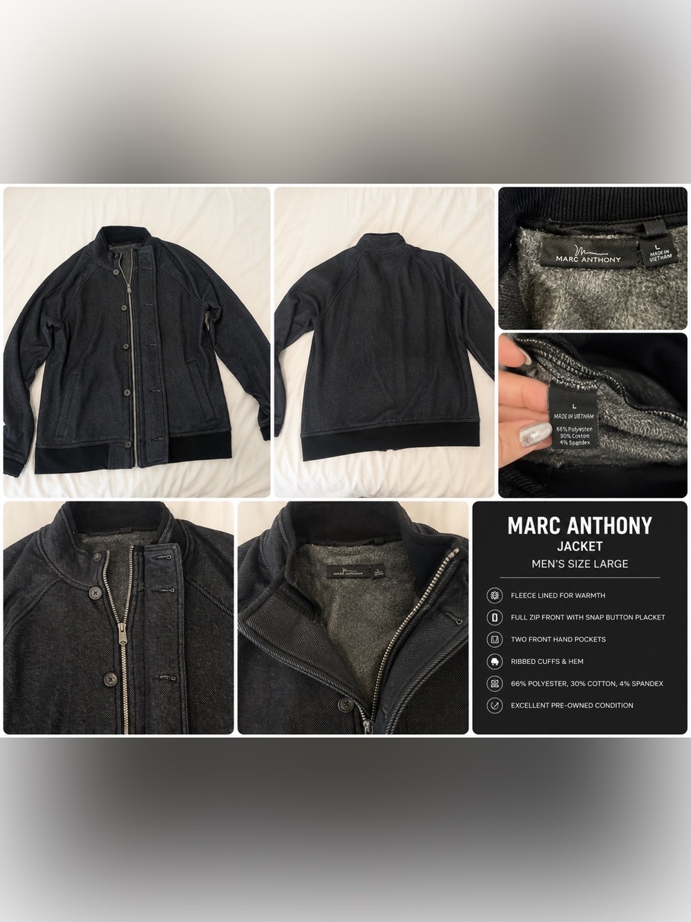 Marc Anthony Black Bomber Jacket with Fleece Lining